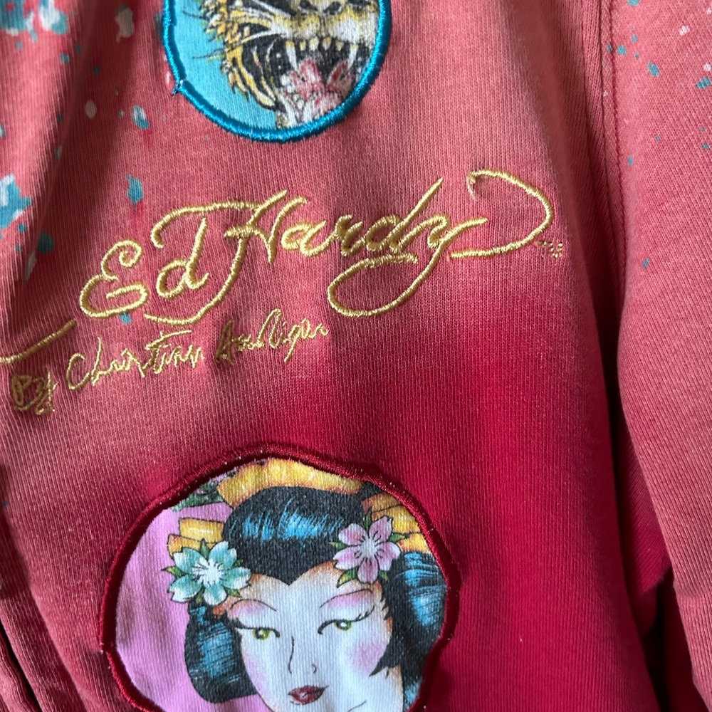 ED HARDY 1990s Vibrant Red and Teal Hoodie - Picture 2 of 5
